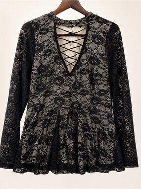 Torrid Black Lace Peplum Blouse Lace Up Gothic Romantic Top 1X